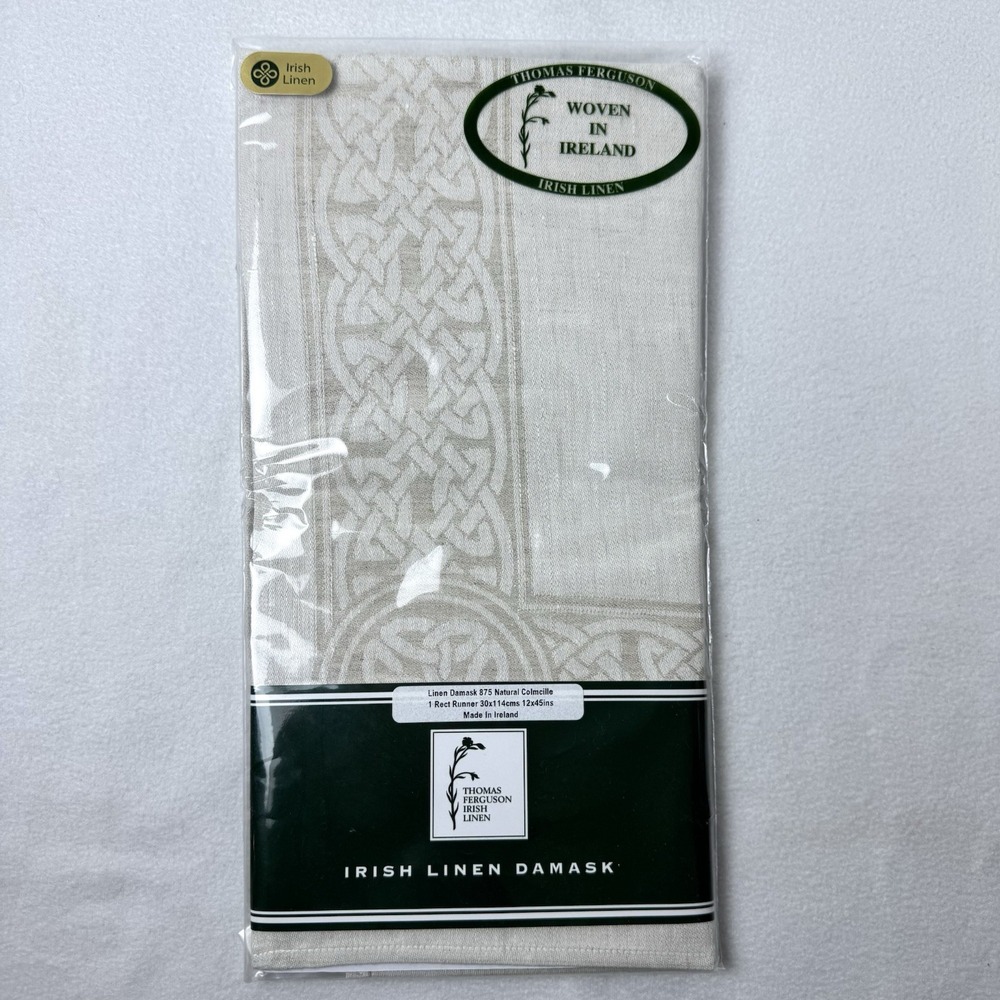 Thomas Ferguson Irish Linen Damask Table Runner 975 Natural Colmcille 12" X 45"